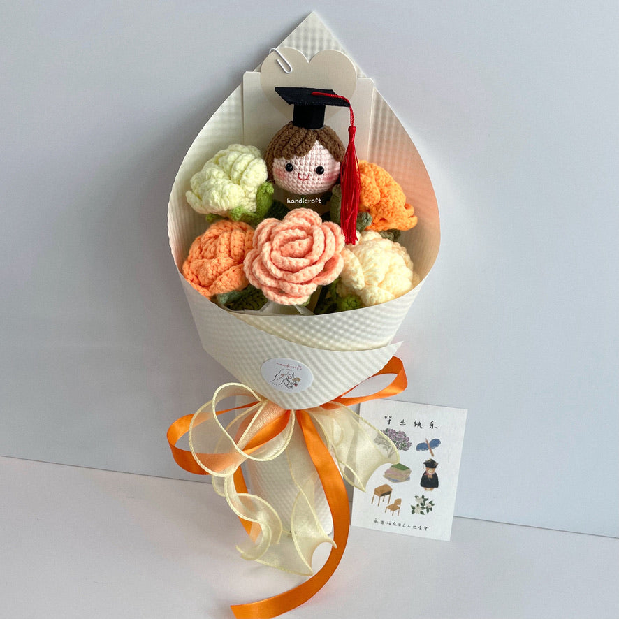 handicroft handmade crochet roses graduation flower bouquet rosy horizon yellow