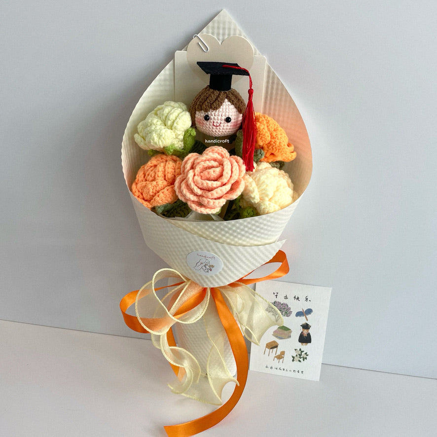handicroft handmade crochet roses graduation flower bouquet rosy horizon yellow