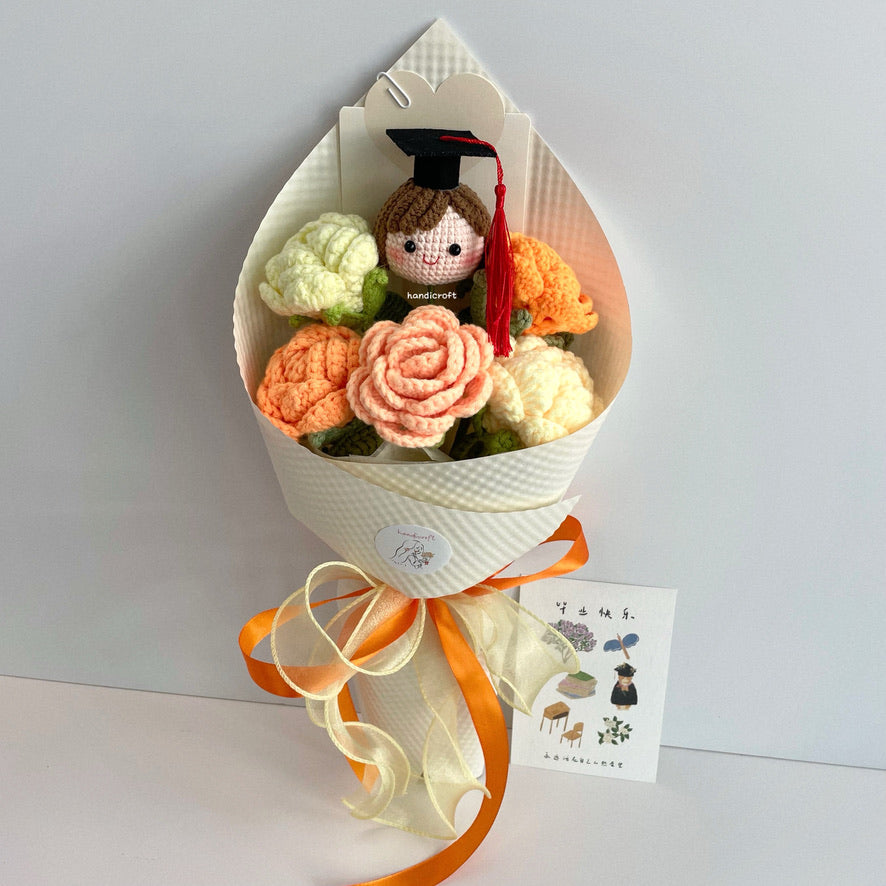 handicroft handmade crochet roses graduation flower bouquet rosy horizon yellow