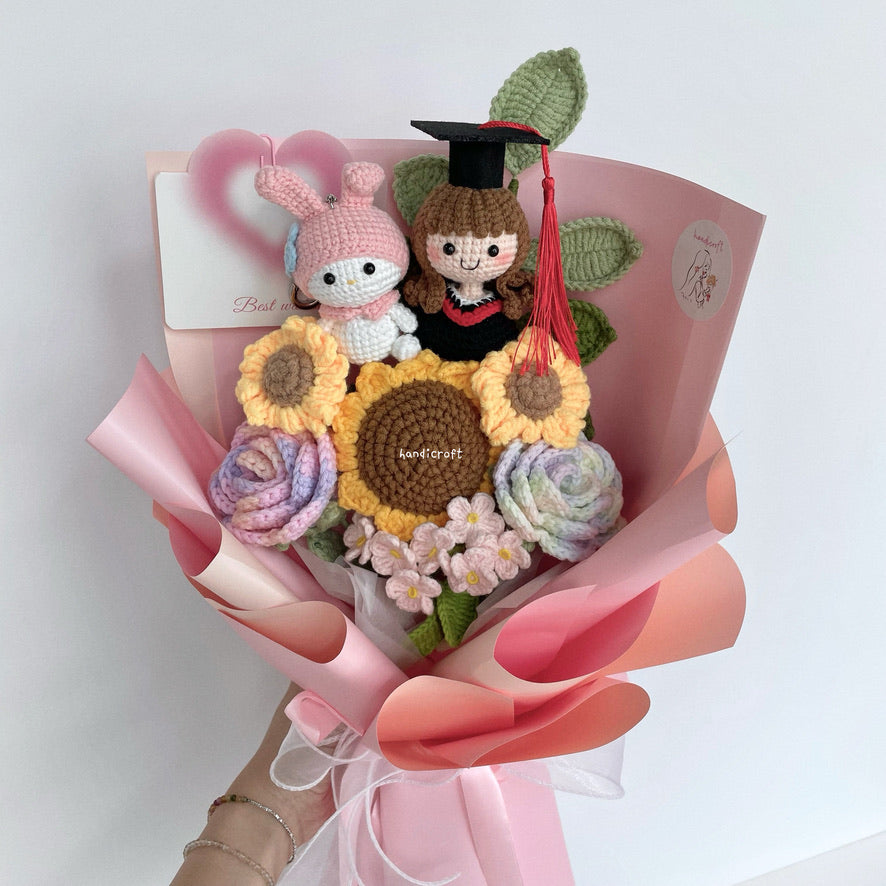 handicroft handmade crochet sanrio character my melody graduation flower bouquet my melody's sweet sunshine pink