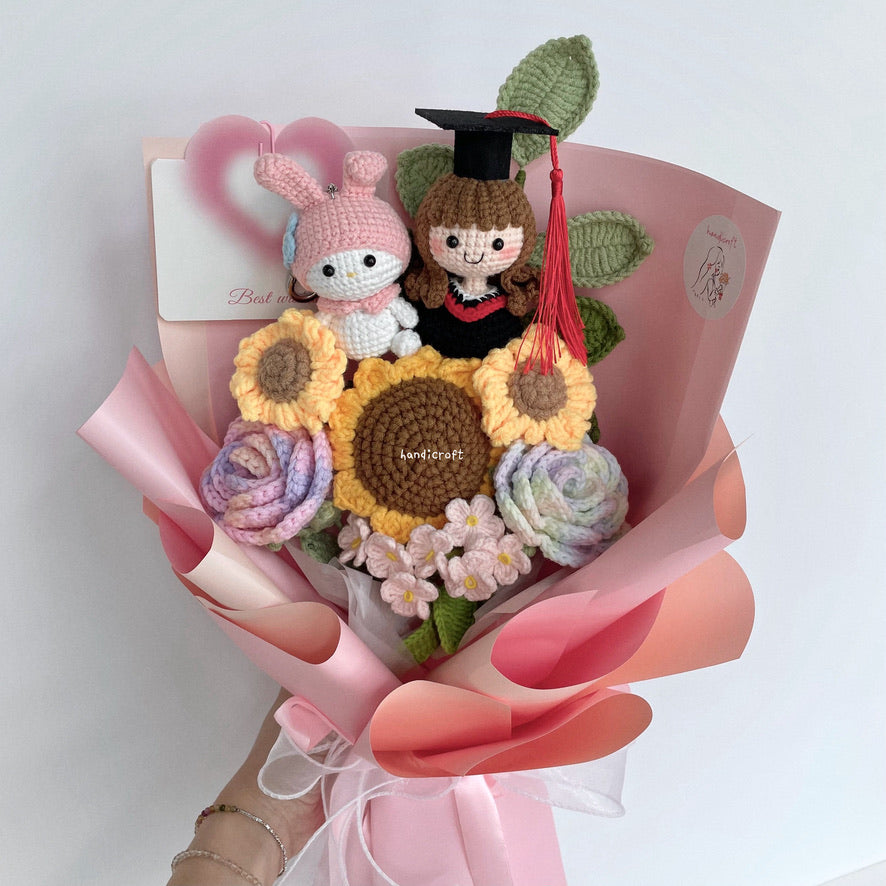 handicroft handmade crochet sanrio character my melody graduation flower bouquet my melody's sweet sunshine pink