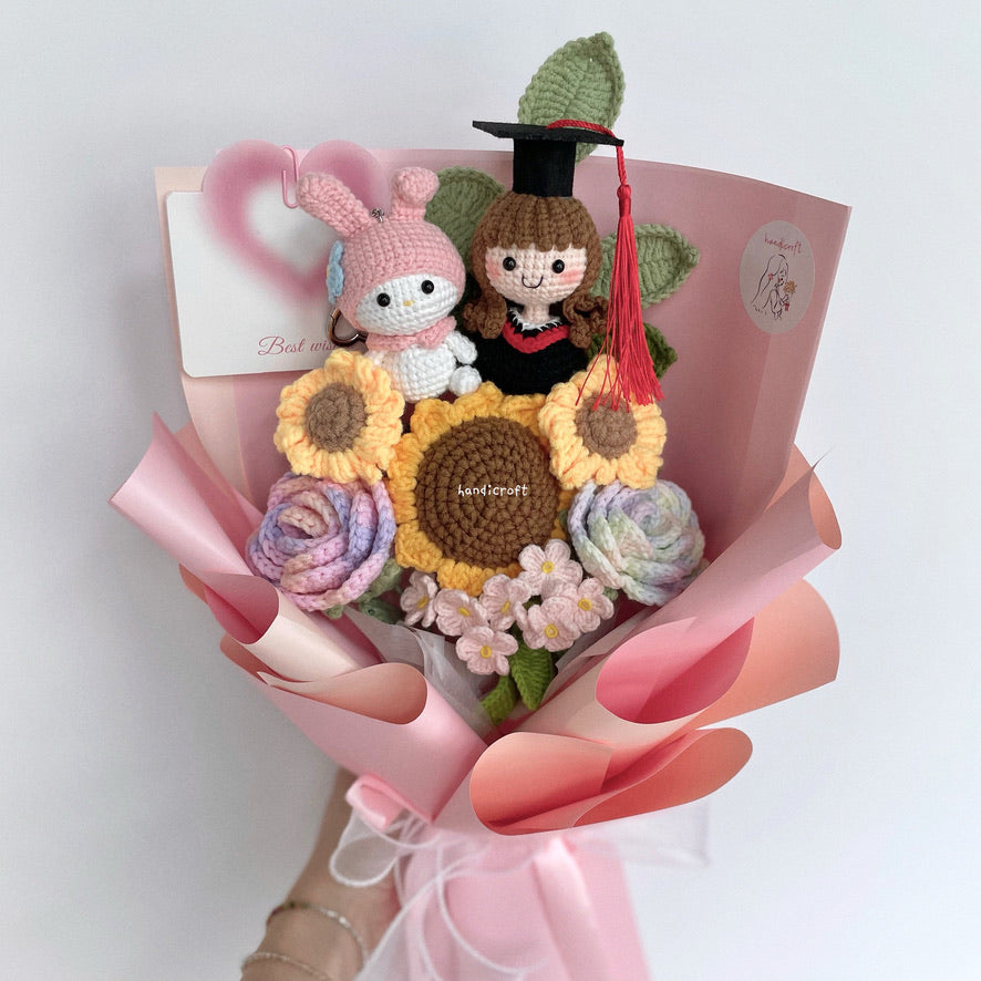 handicroft handmade crochet sanrio character my melody graduation flower bouquet my melody's sweet sunshine pink