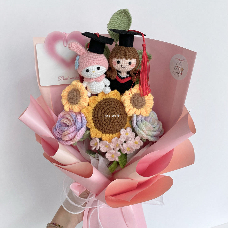 handicroft handmade crochet sanrio character my melody graduation flower bouquet my melody's sweet sunshine pink