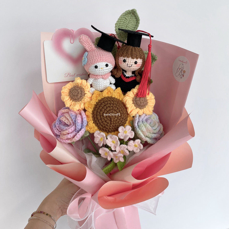 handicroft handmade crochet sanrio character my melody graduation flower bouquet my melody's sweet sunshine pink