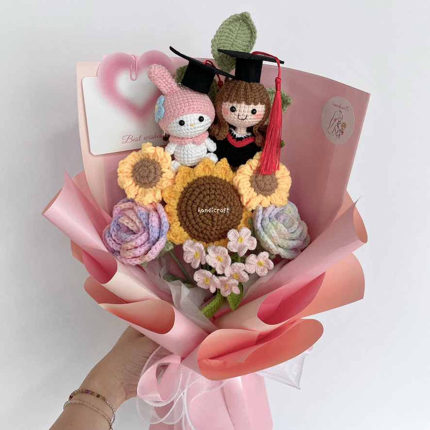 handicroft handmade crochet sanrio character my melody graduation flower bouquet my melody's sweet sunshine pink