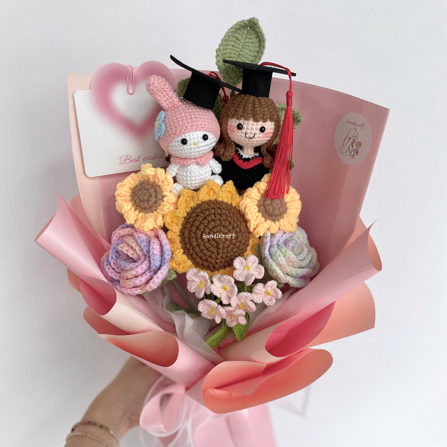 handicroft handmade crochet sanrio character my melody graduation flower bouquet my melody's sweet sunshine pink