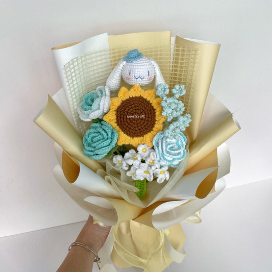 handicroft handmade crochet sanrio cinnamoroll flower bouquet cinnamoroll breeze turquoise yellow wrapping