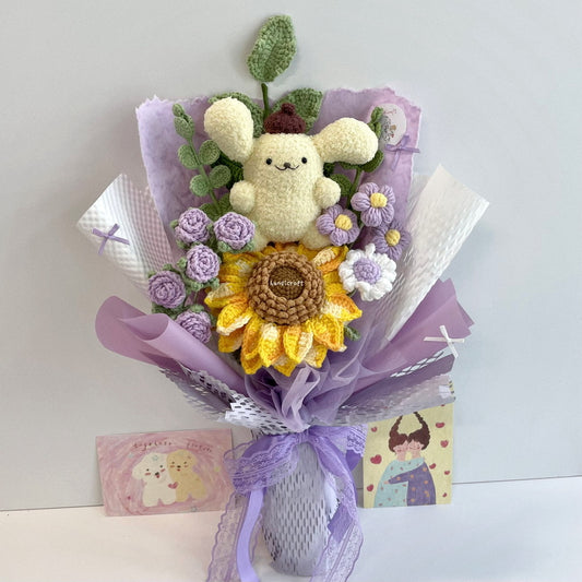 handicroft handmade crochet sanrio pompompurin character sunflower flower bouquet sunny pudding cuddles purple