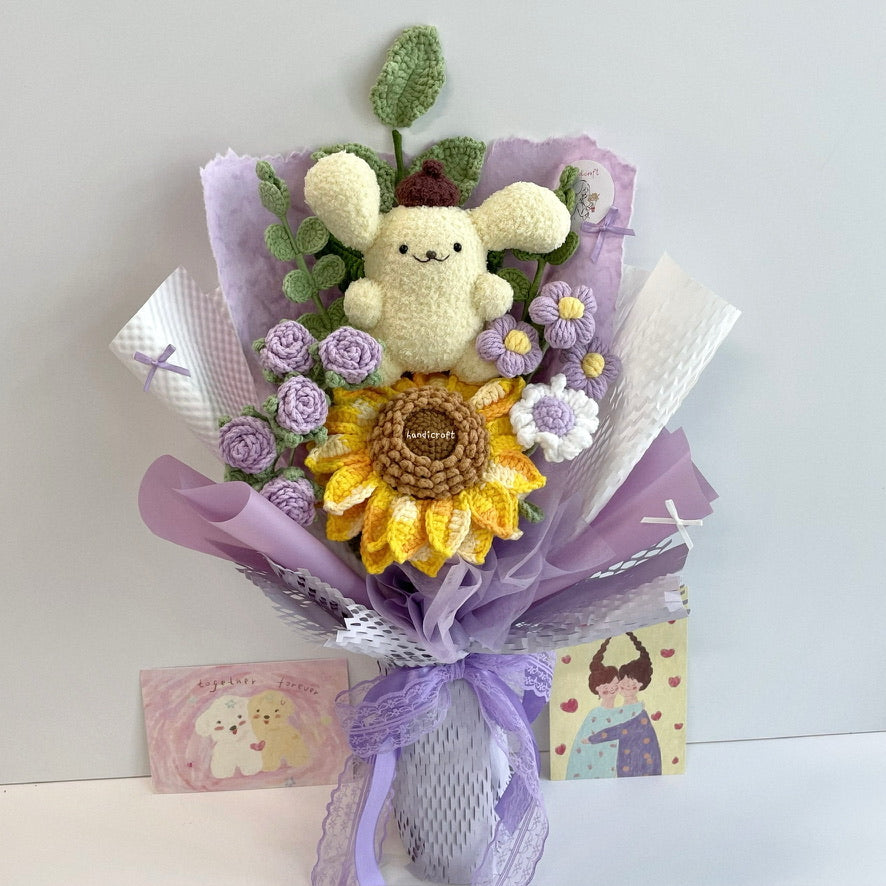 handicroft handmade crochet sanrio pompompurin character sunflower flower bouquet sunny pudding cuddles purple