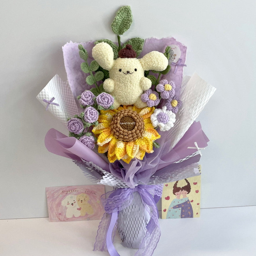 handicroft handmade crochet sanrio pompompurin character sunflower flower bouquet sunny pudding cuddles purple