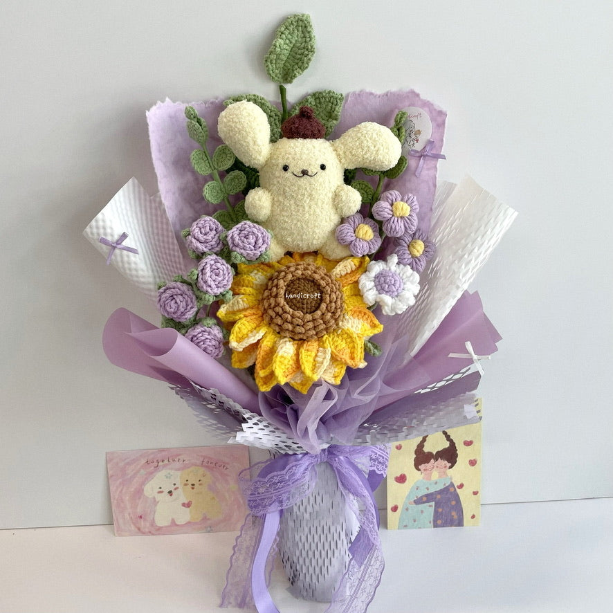 handicroft handmade crochet sanrio pompompurin character sunflower flower bouquet sunny pudding cuddles purple
