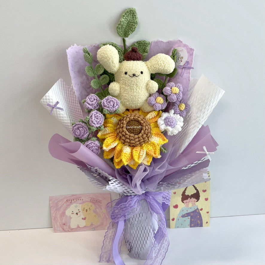 handicroft handmade crochet sanrio pompompurin character sunflower flower bouquet sunny pudding cuddles purple