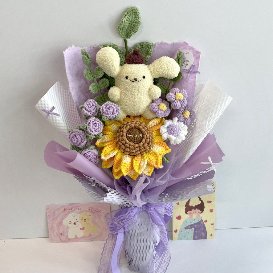 handicroft handmade crochet sanrio pompompurin character sunflower flower bouquet sunny pudding cuddles purple