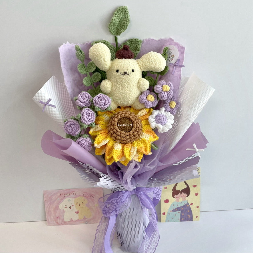handicroft handmade crochet sanrio pompompurin character sunflower flower bouquet sunny pudding cuddles purple