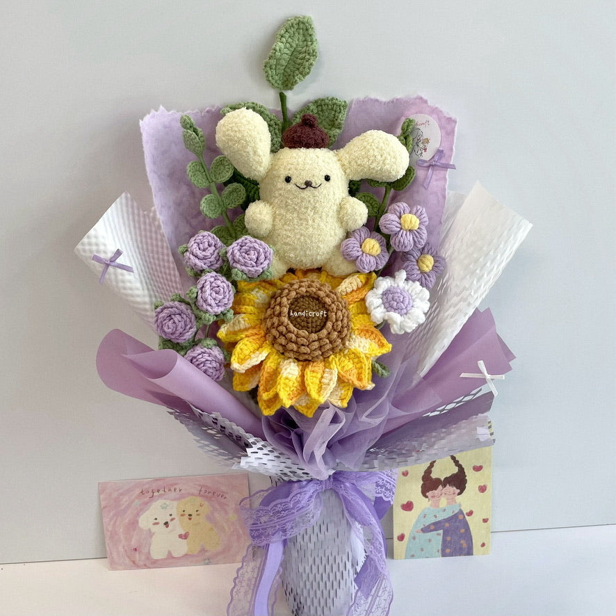 handicroft handmade crochet sanrio pompompurin character sunflower flower bouquet sunny pudding cuddles purple