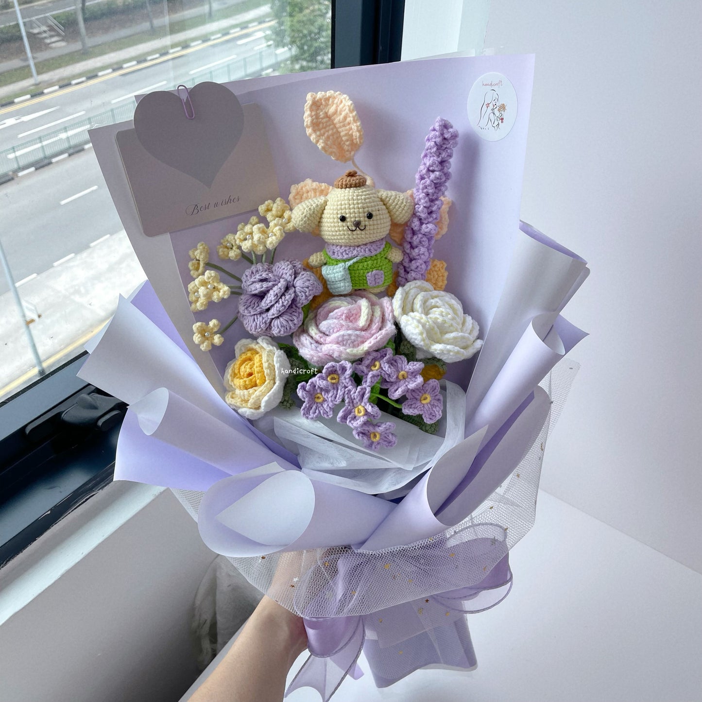 handicroft handmade crochet sanrio pompompurin flower bouquet pompom petals