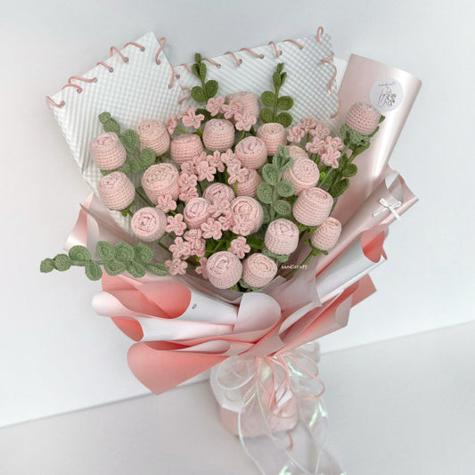 handicroft handmade crochet soft gentle pink special lychee roses flower bouquet my one & always