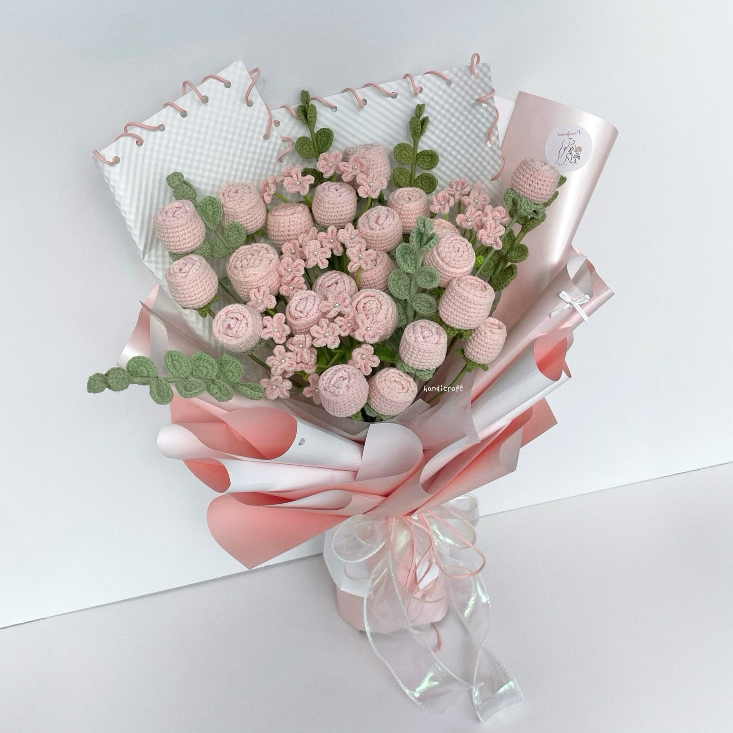 handicroft handmade crochet soft gentle pink special lychee roses flower bouquet my one & always