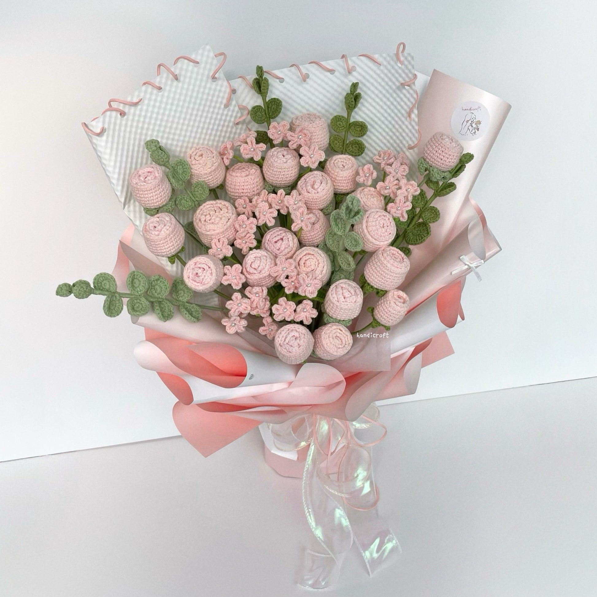handicroft handmade crochet soft gentle pink special lychee roses flower bouquet my one & always