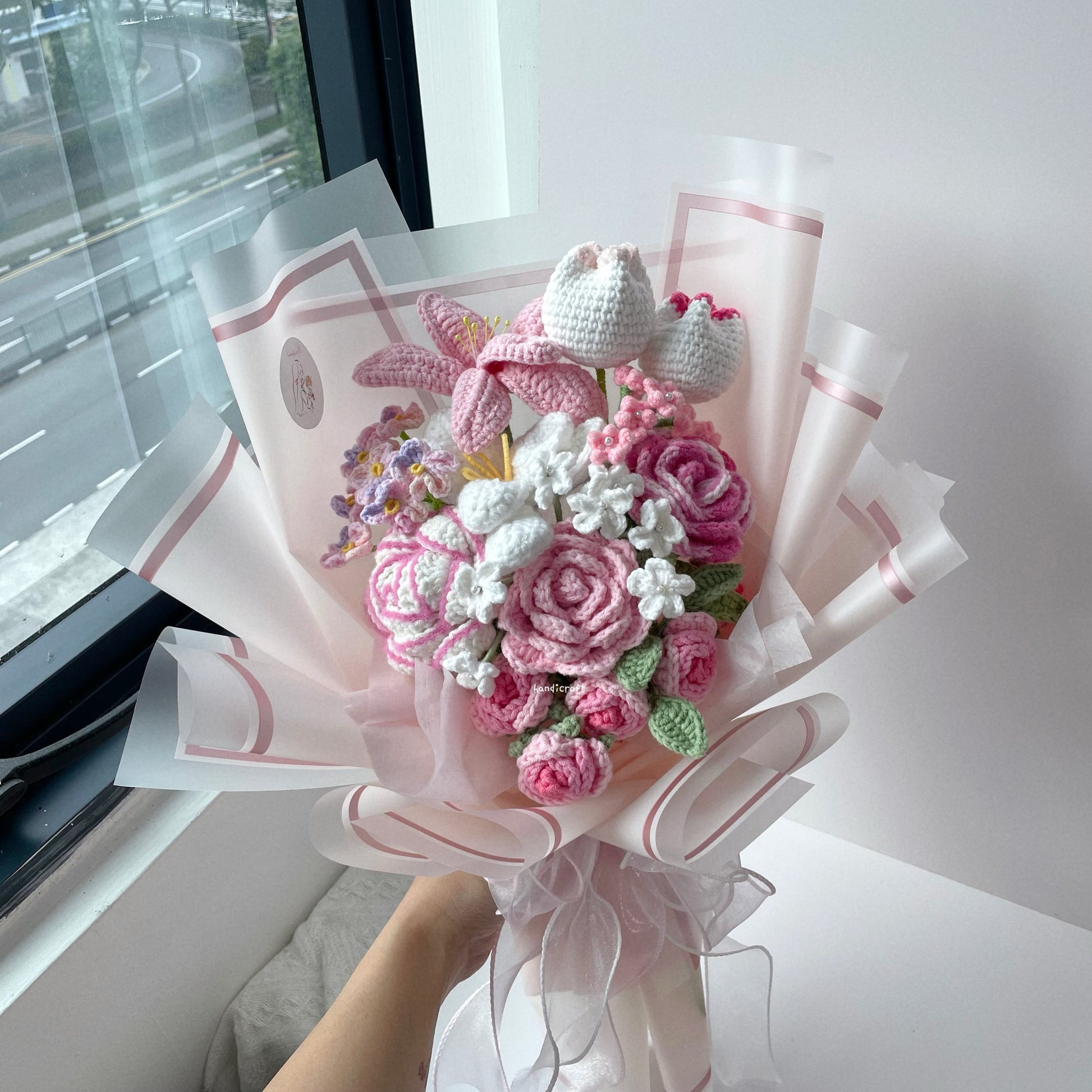 handicroft handmade crochet special flower bouquet forever & always pink