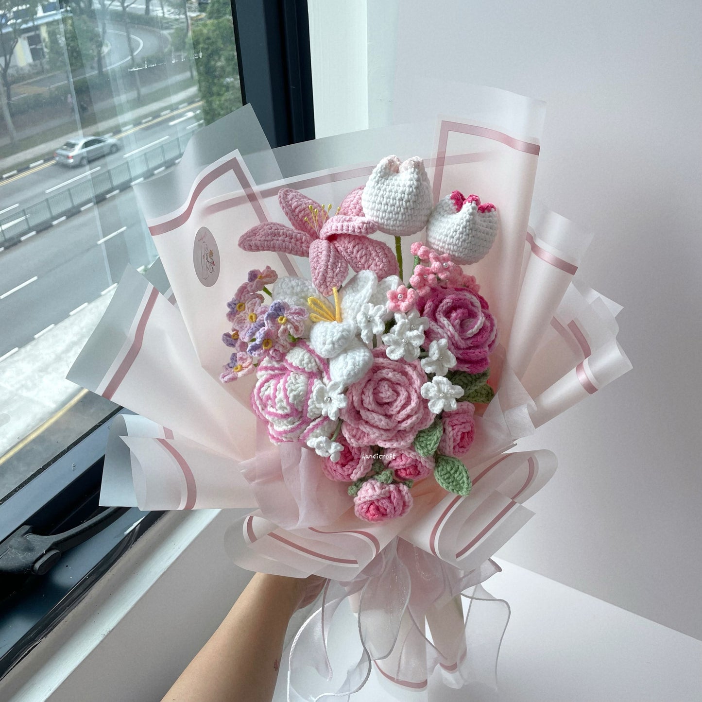 handicroft handmade crochet special flower bouquet forever & always pink