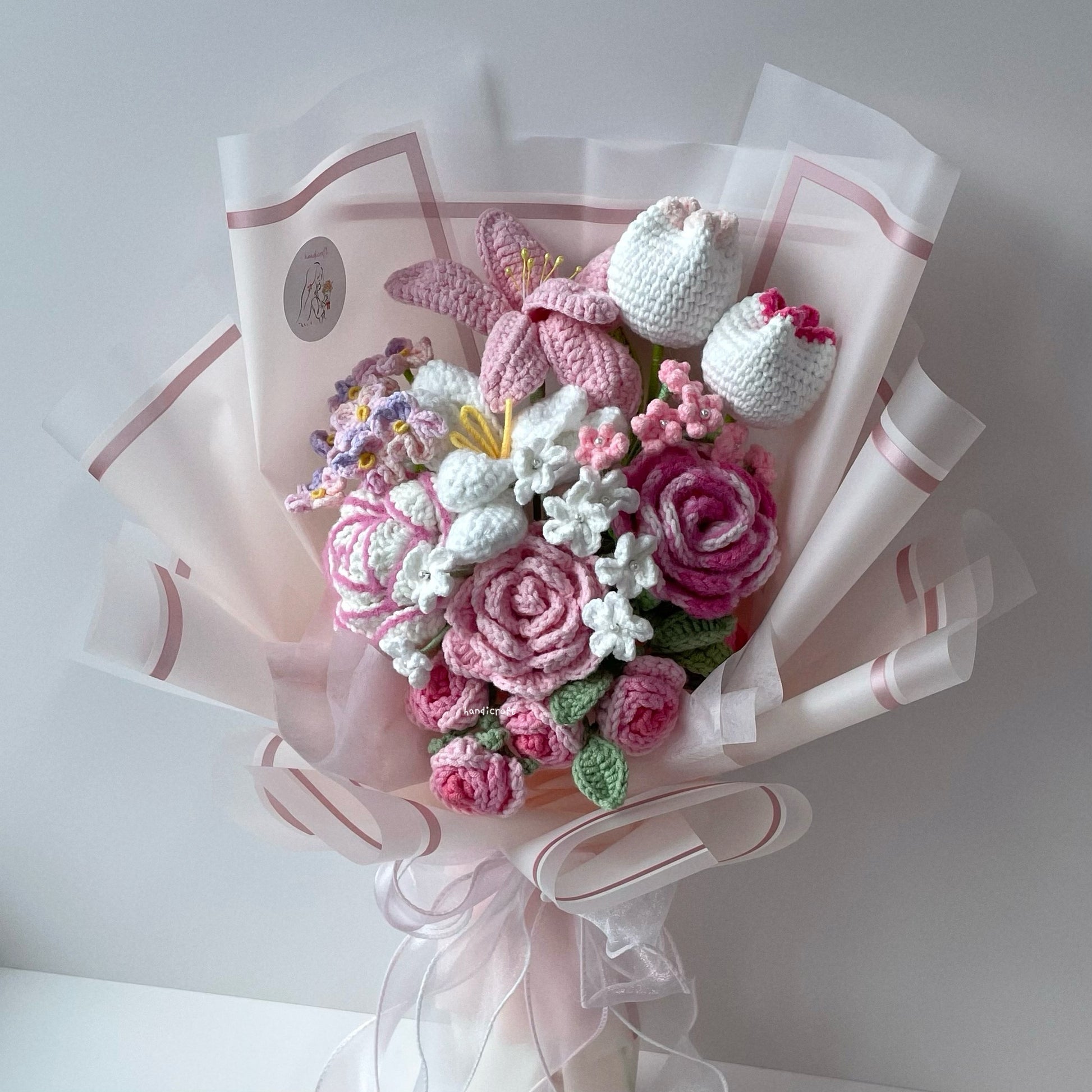 handicroft handmade crochet special flower bouquet forever & always pink