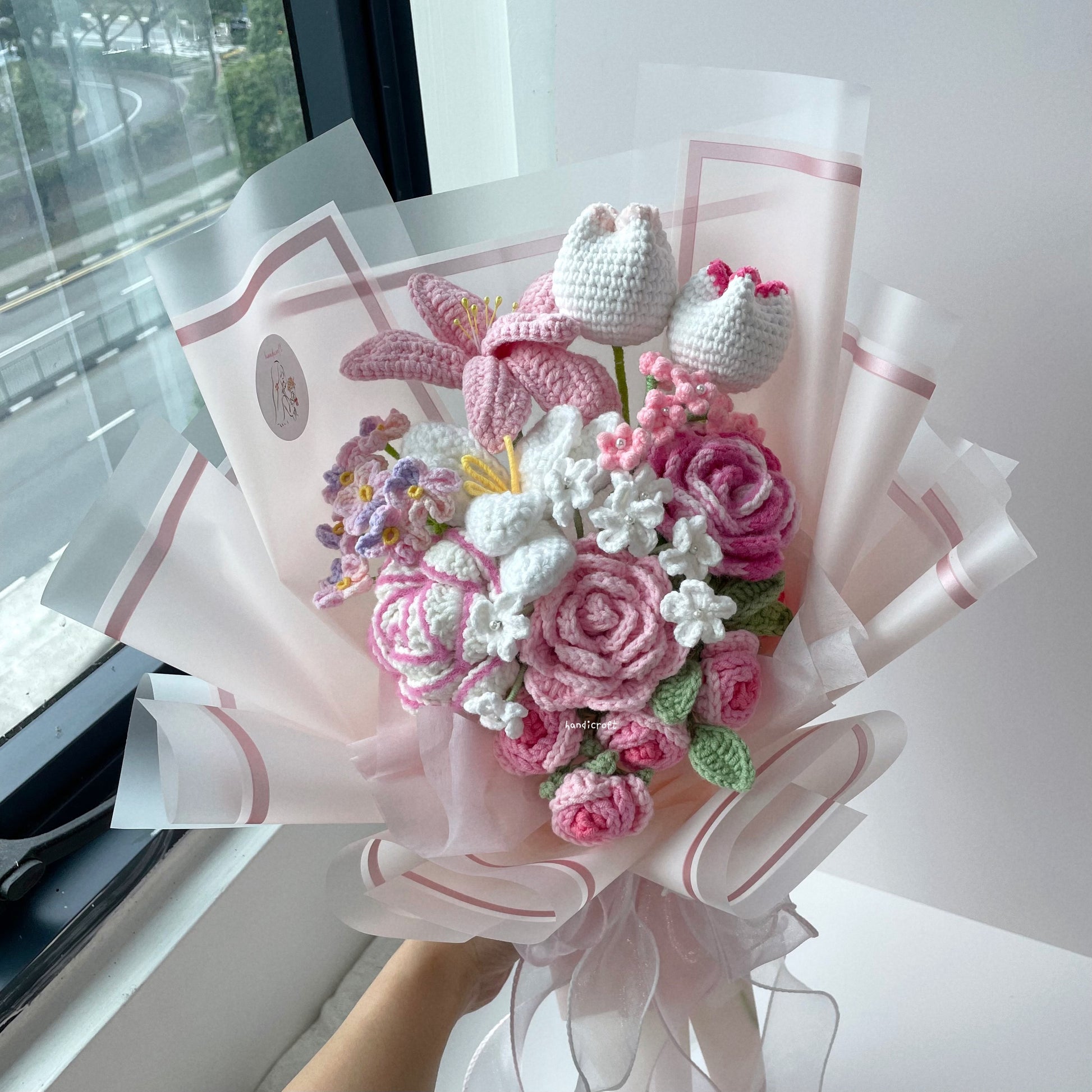 handicroft handmade crochet special flower bouquet forever & always pink