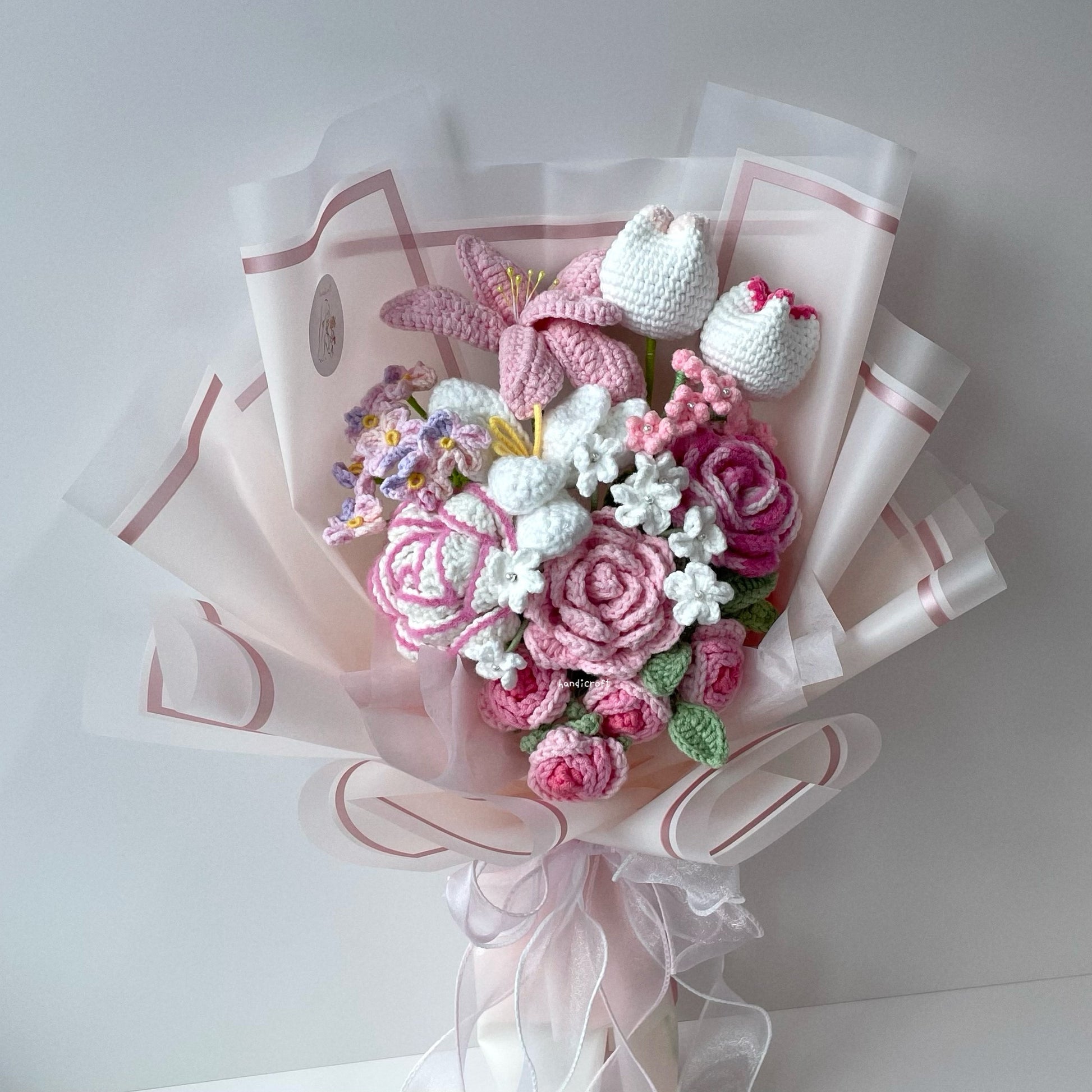 handicroft handmade crochet special flower bouquet forever & always pink