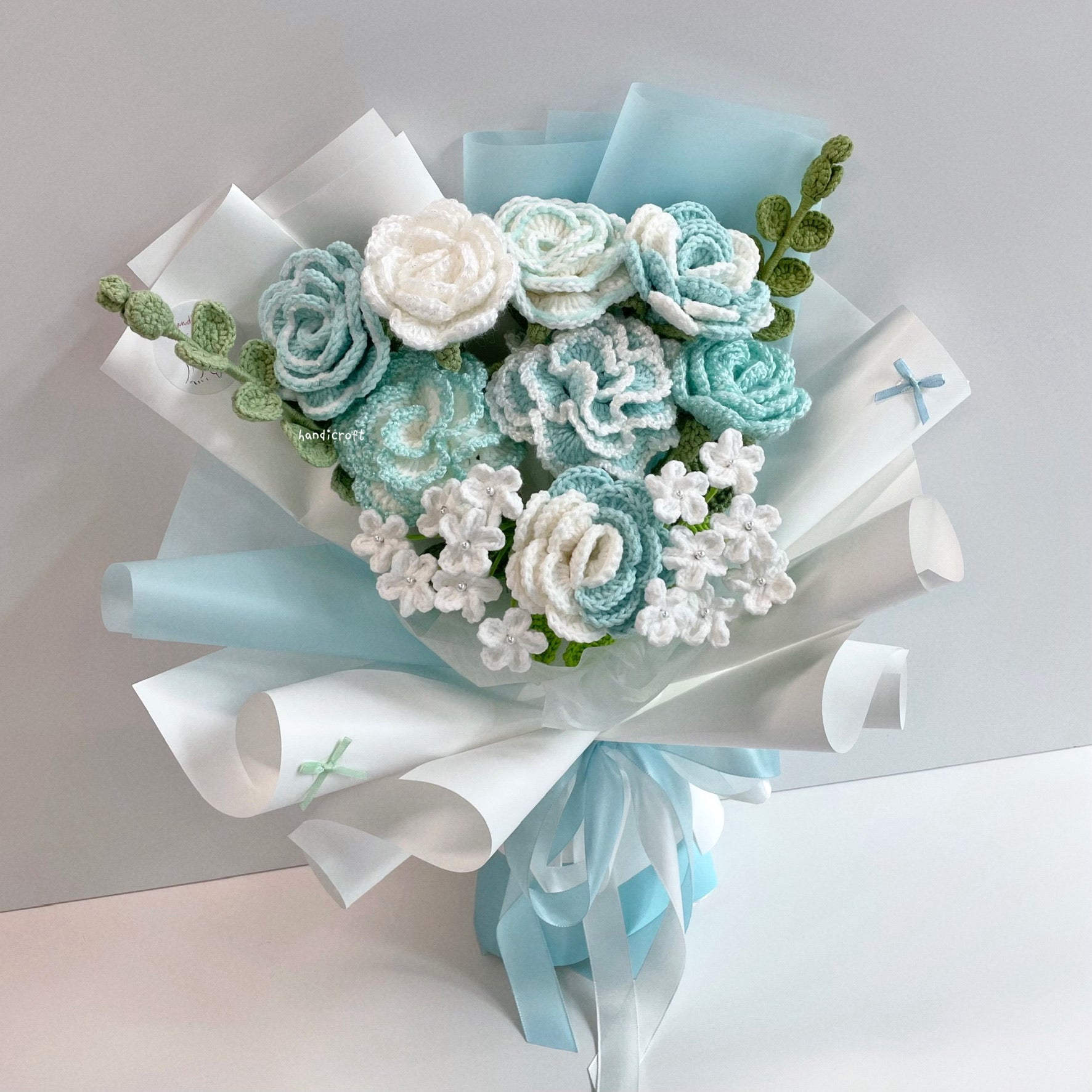 handicroft special handmade crochet flower bouquet - tiffany blue