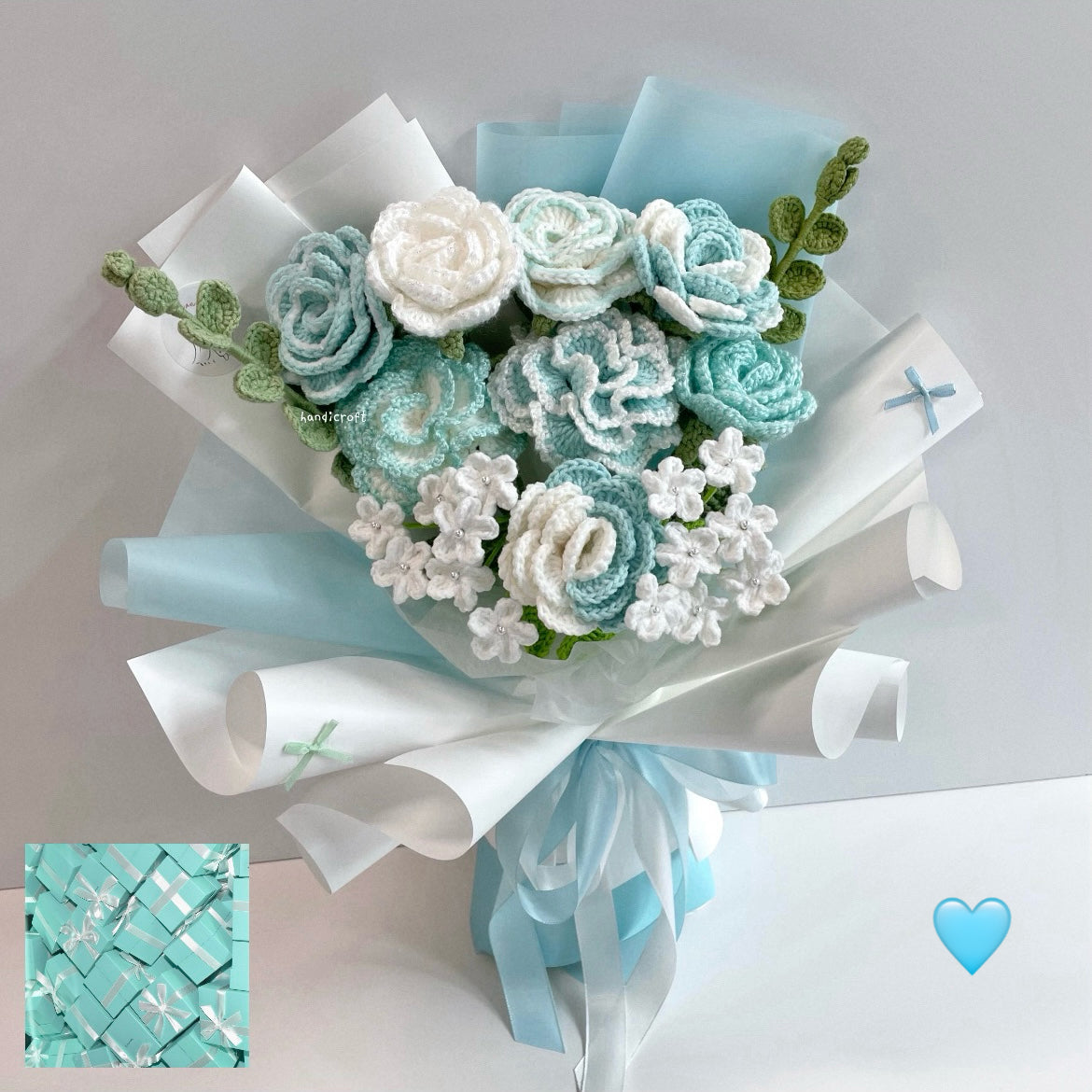 handicroft handmade crochet special roses flower bouquet tiffany blue moment