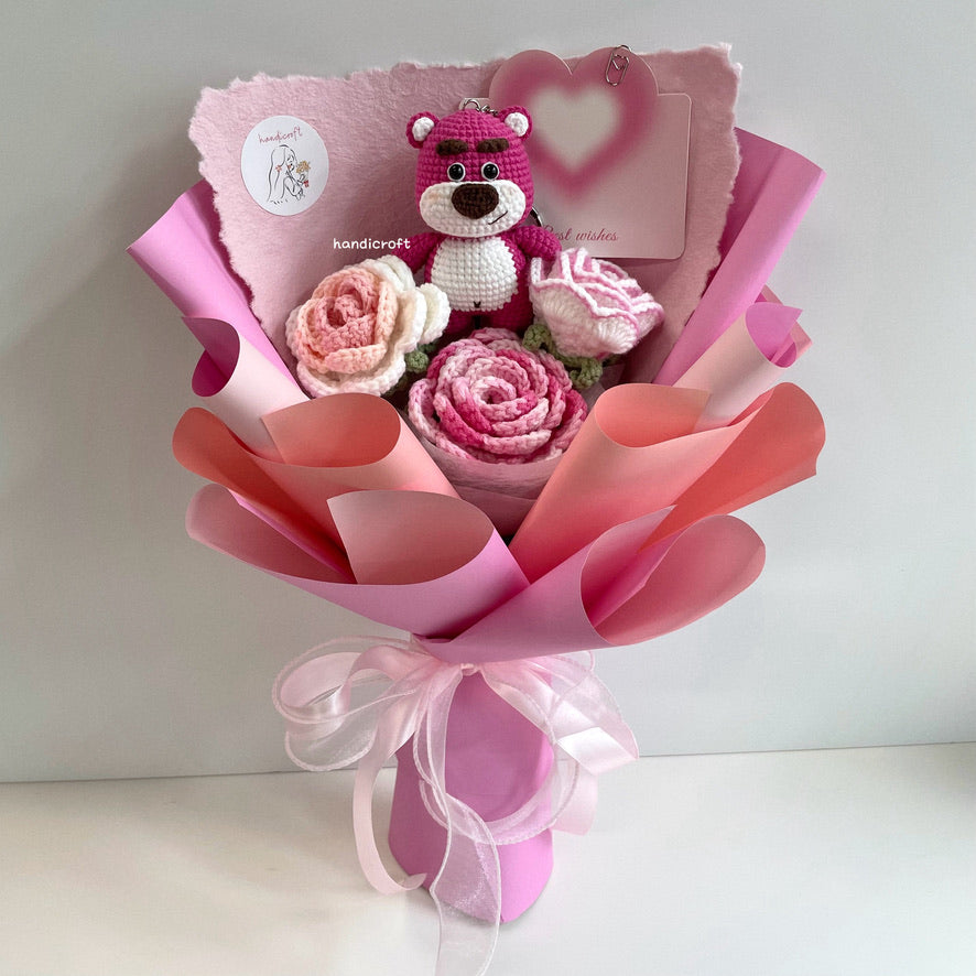 handicroft handmade crochet strawberry bear flower bouquet strawberry blush pink