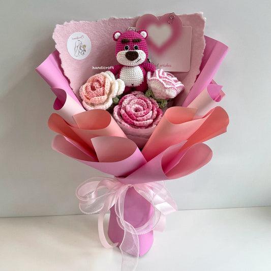 handicroft handmade crochet strawberry bear flower bouquet strawberry blush pink
