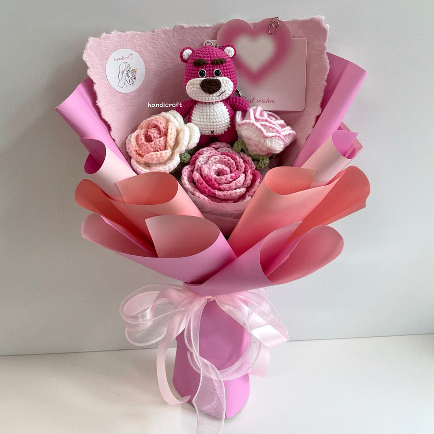handicroft handmade crochet strawberry bear flower bouquet strawberry blush pink