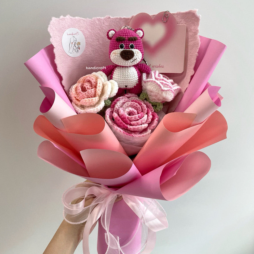 handicroft handmade crochet strawberry bear flower bouquet strawberry blush pink