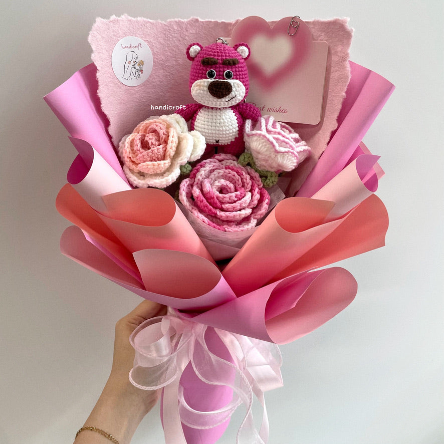 handicroft handmade crochet strawberry bear flower bouquet strawberry blush pink