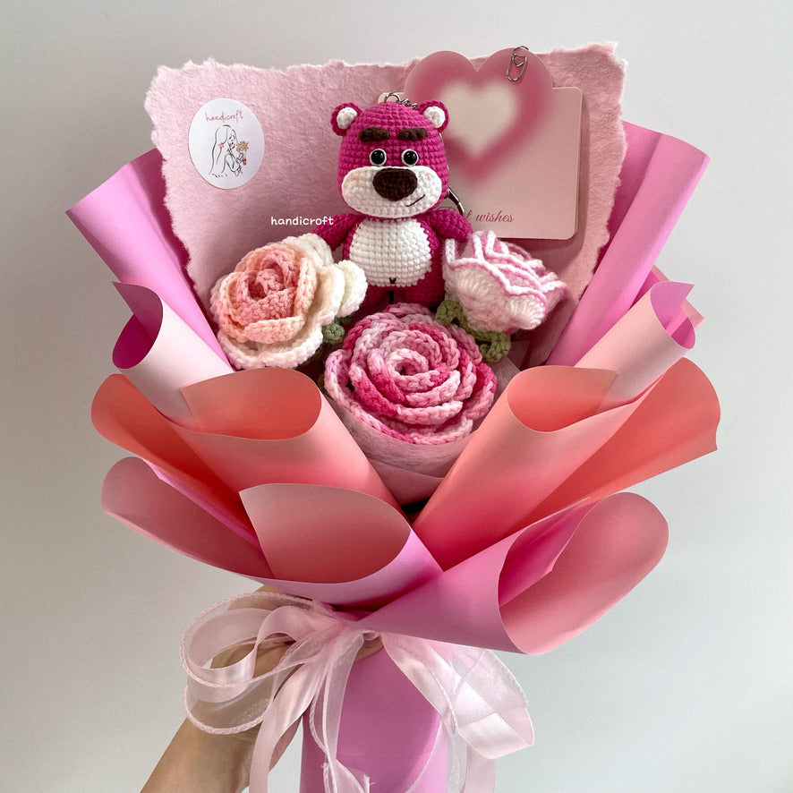 handicroft handmade crochet strawberry bear flower bouquet strawberry blush pink