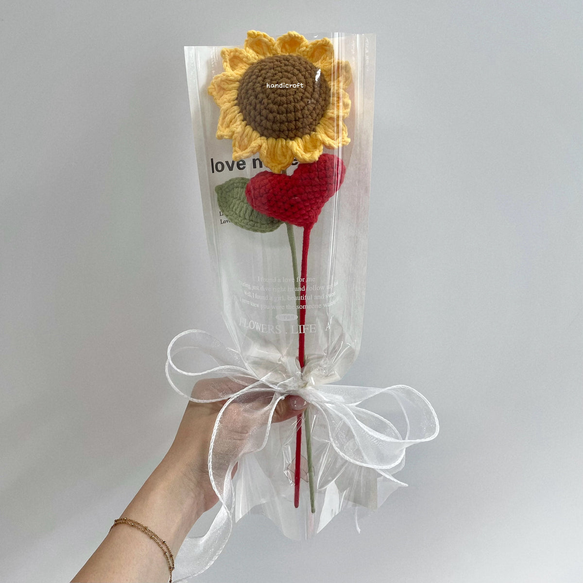 handicroft handmade crochet sunflower heart single stalk flower
