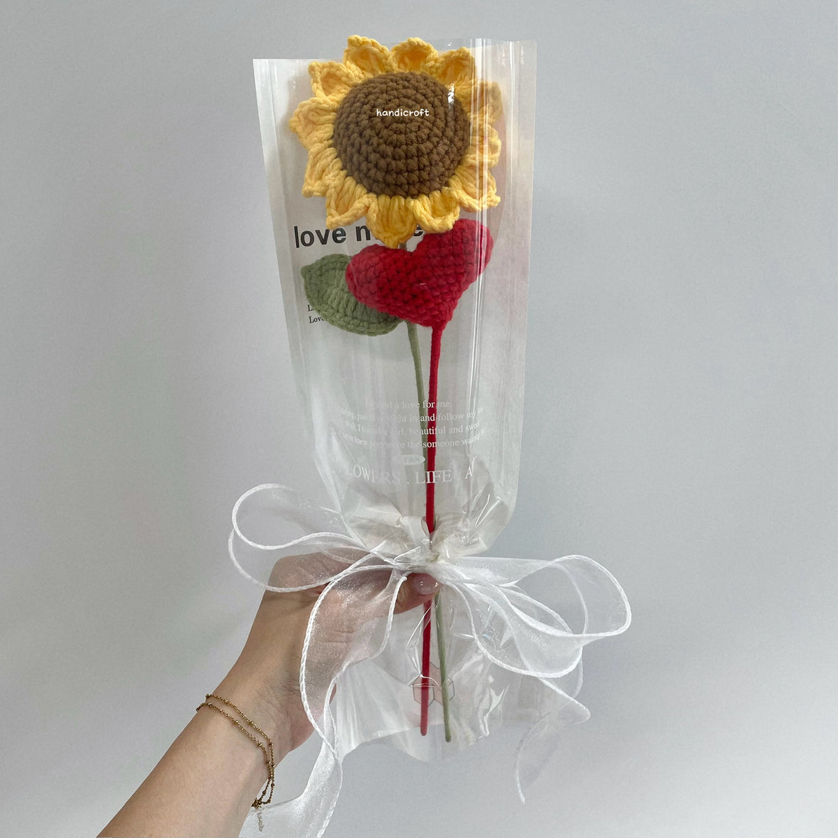 handicroft handmade crochet sunflower heart single stalk flower