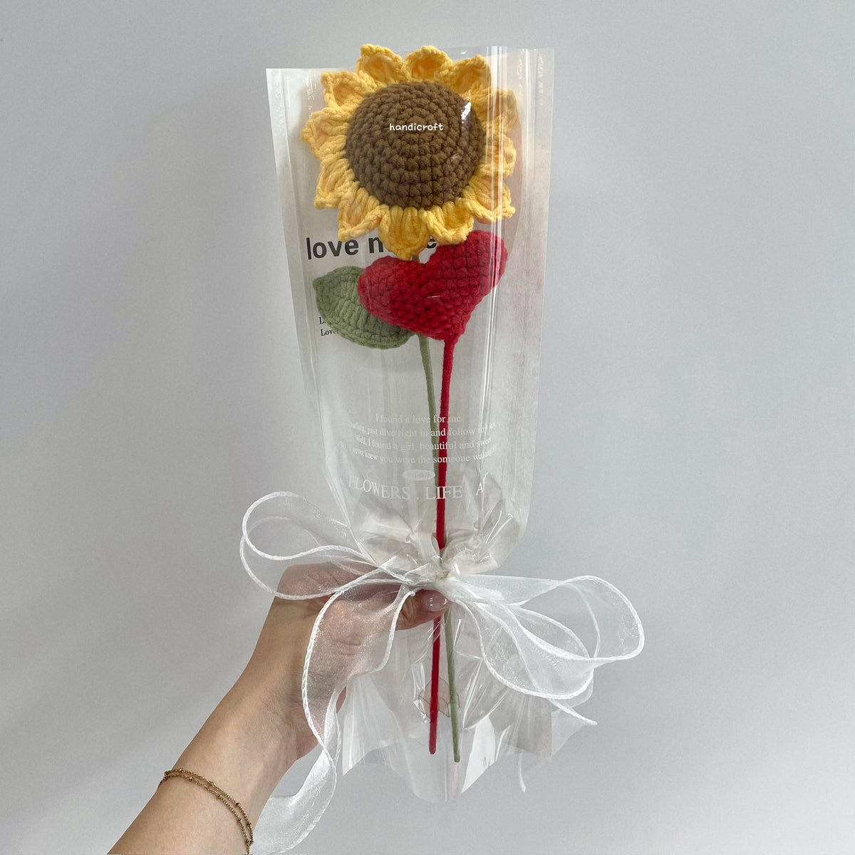 handicroft handmade crochet sunflower heart single stalk flower