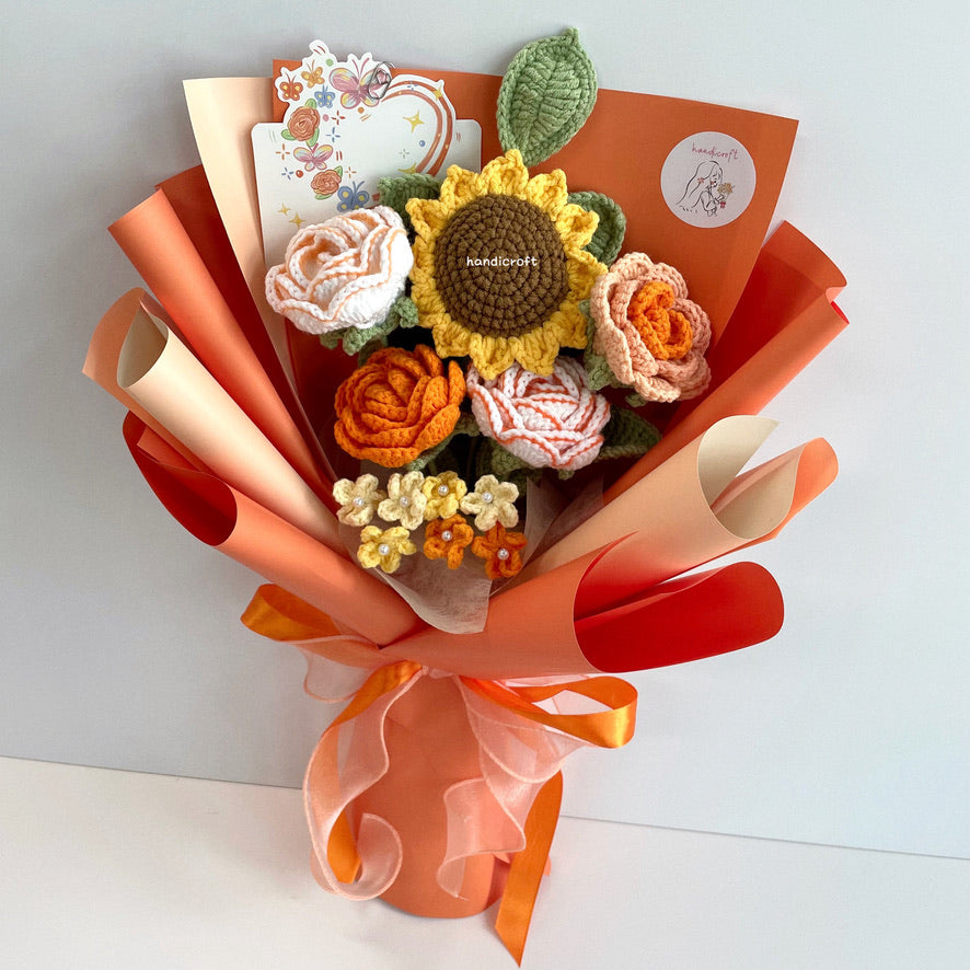 handicroft handmade crochet sunflower & roses flower bouquet sunshine & roses in orange