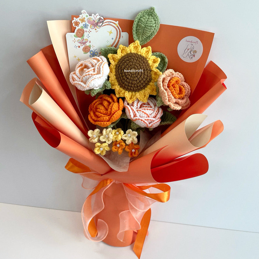 handicroft handmade crochet sunflower & roses flower bouquet sunshine & roses in orange
