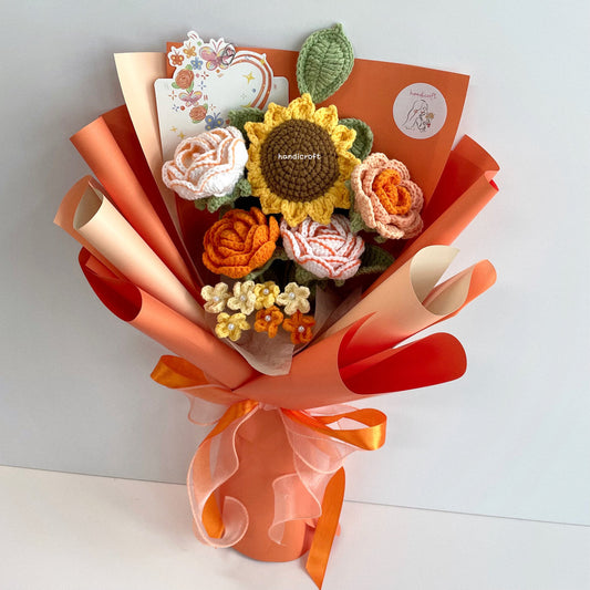 handicroft handmade crochet sunflower & roses flower bouquet sunshine & roses in orange