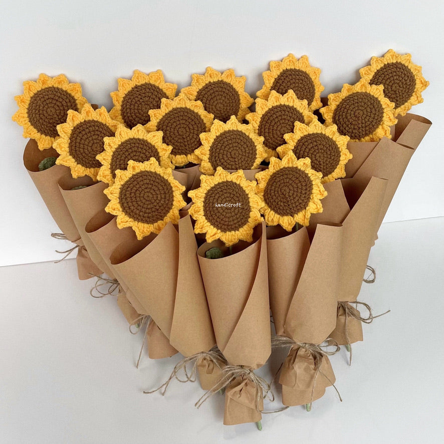 handicroft handmade crochet sunflower single stalk flower bouquet sunshine to-go