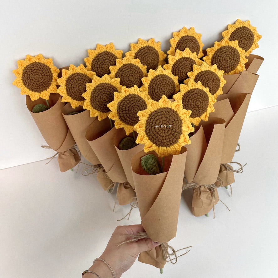 handicroft handmade crochet sunflower single stalk flower bouquet sunshine to-go