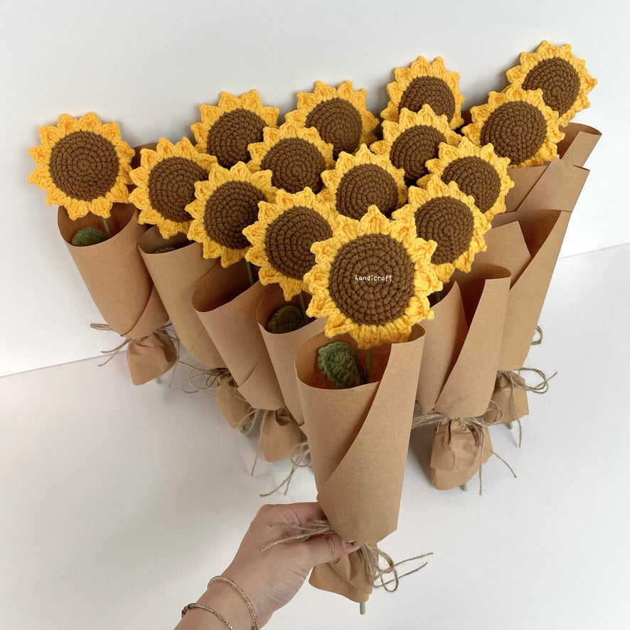 handicroft handmade crochet sunflower single stalk flower bouquet sunshine to-go