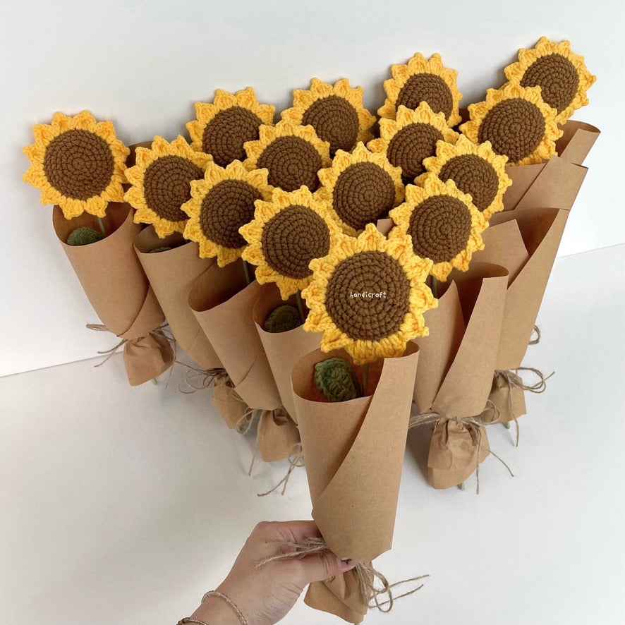 handicroft handmade crochet sunflower single stalk flower bouquet sunshine to-go