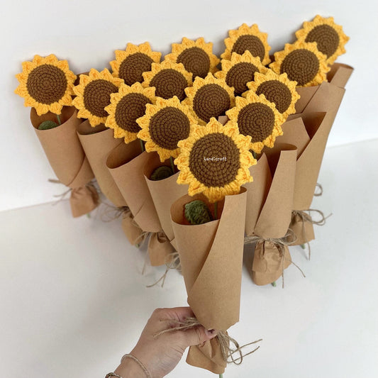 handicroft handmade crochet sunflower single stalk flower bouquet sunshine to-go