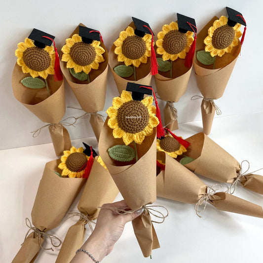 handicroft handmade crochet sunflower single stalk flower bouquet sunshine to-go grad edition