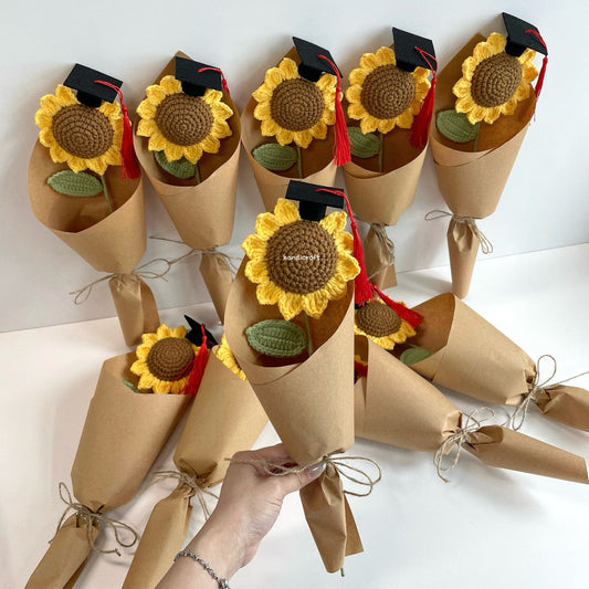 handicroft handmade crochet sunflower single stalk flower bouquet sunshine to-go grad edition