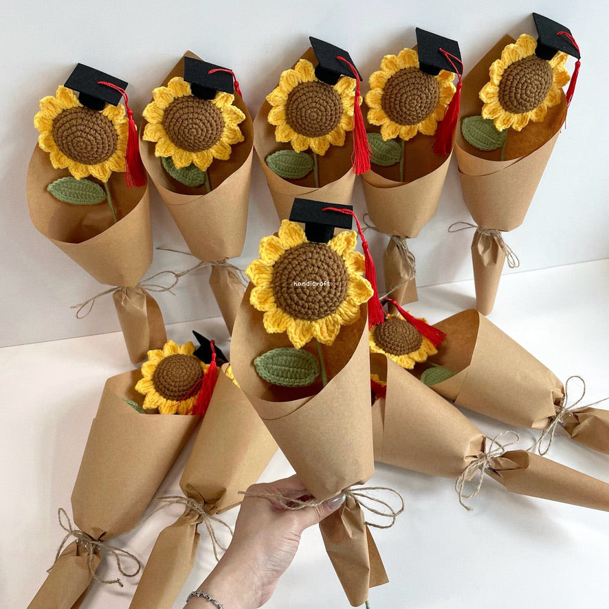 handicroft handmade crochet sunflower single stalk flower bouquet sunshine to-go grad edition